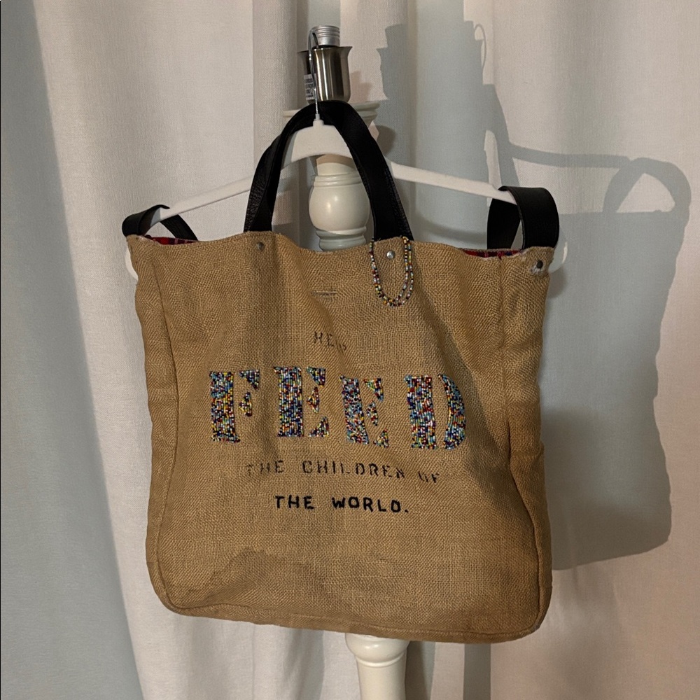 Feed Reversible Tote Bag with Black Handles and Bead Accents